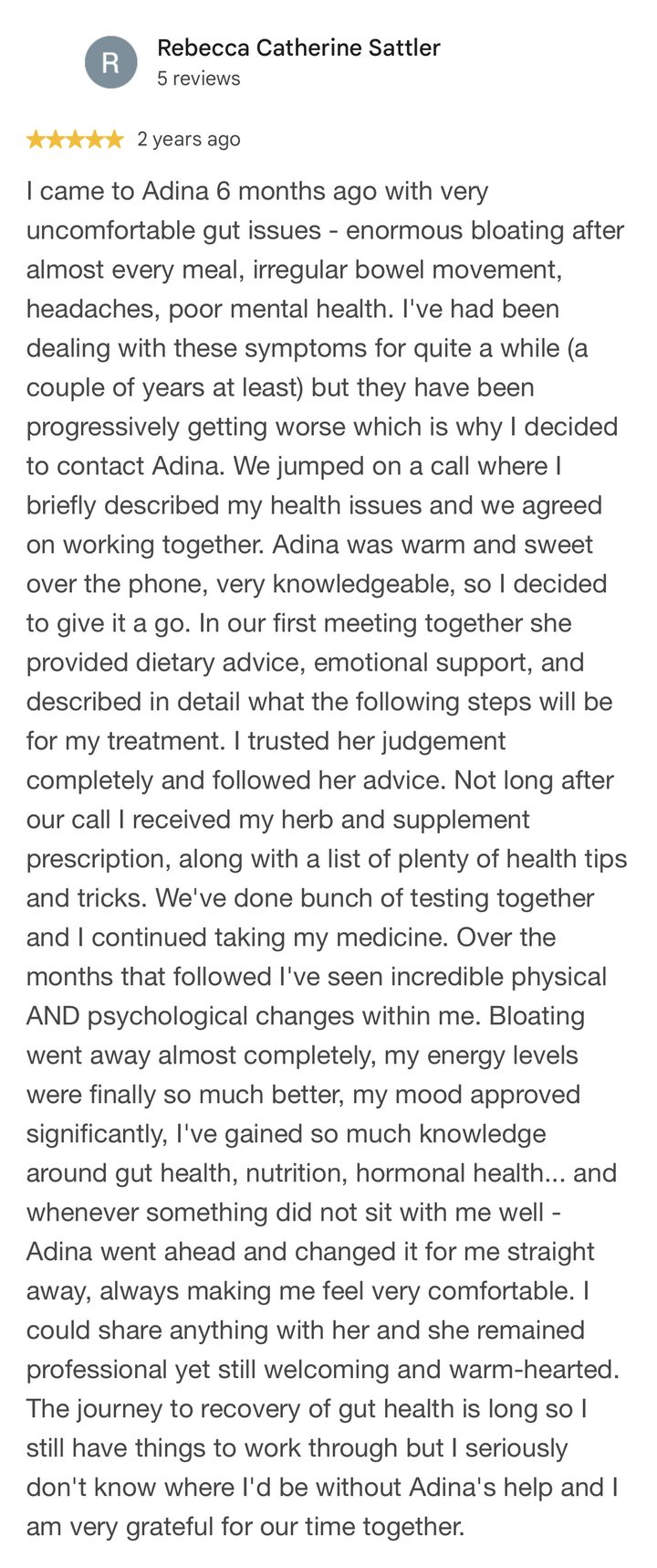Google review from Rebecca, 5 stars